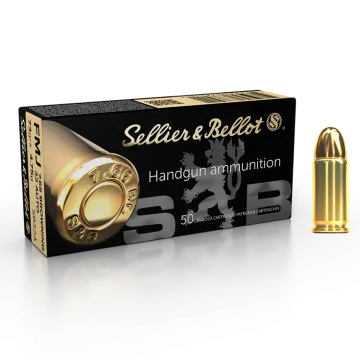 Sellier & Bellot 32 ACP 73 grain FMJ handgun ammo, black 50-round box with single brass cartridge standing upright