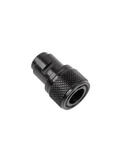 Walther P22 thread adapter assembled angled view, black, knurled thread protector cap and muzzle bore opening