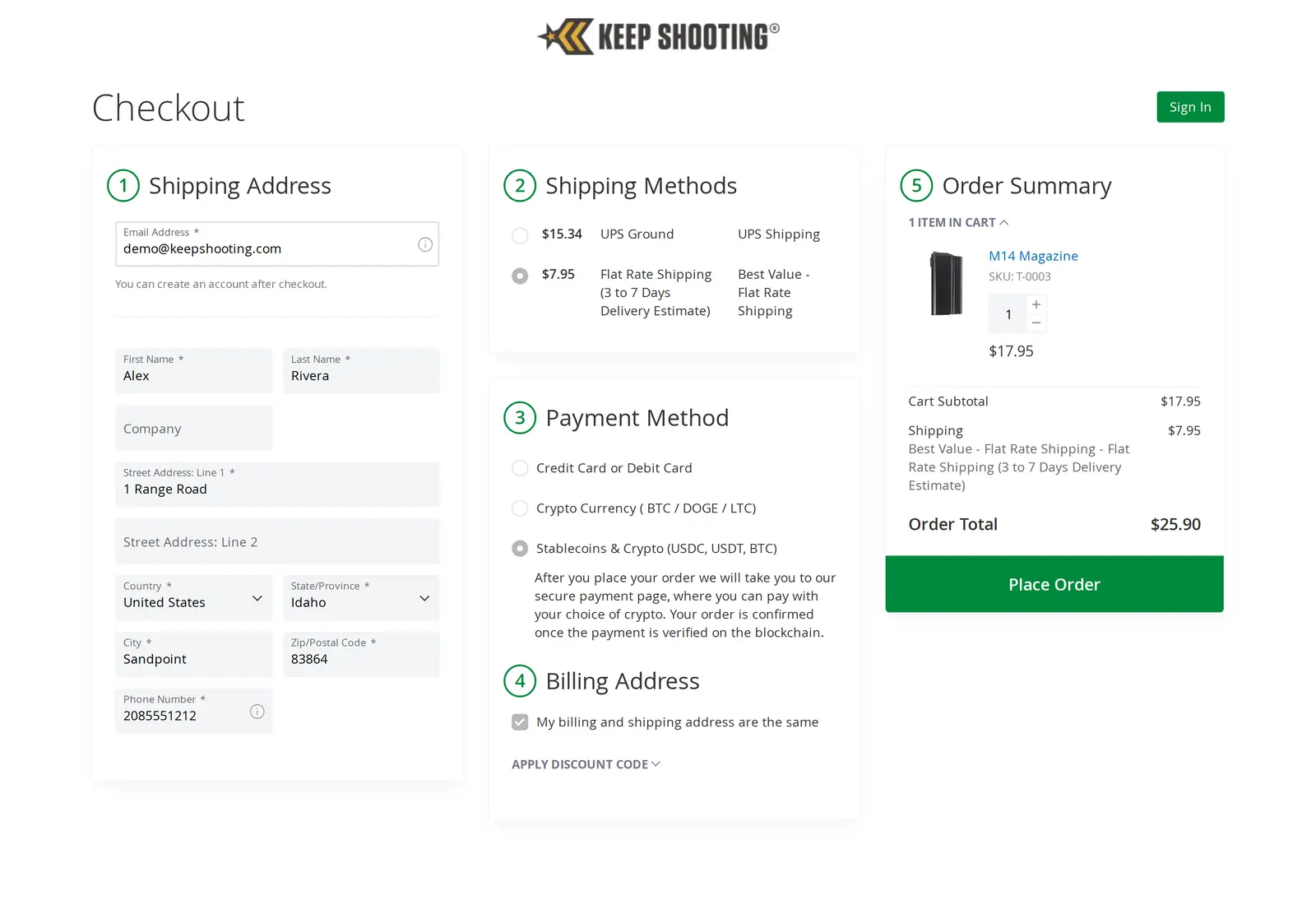 Keep Shooting checkout with the Stablecoins and Crypto payment method selected