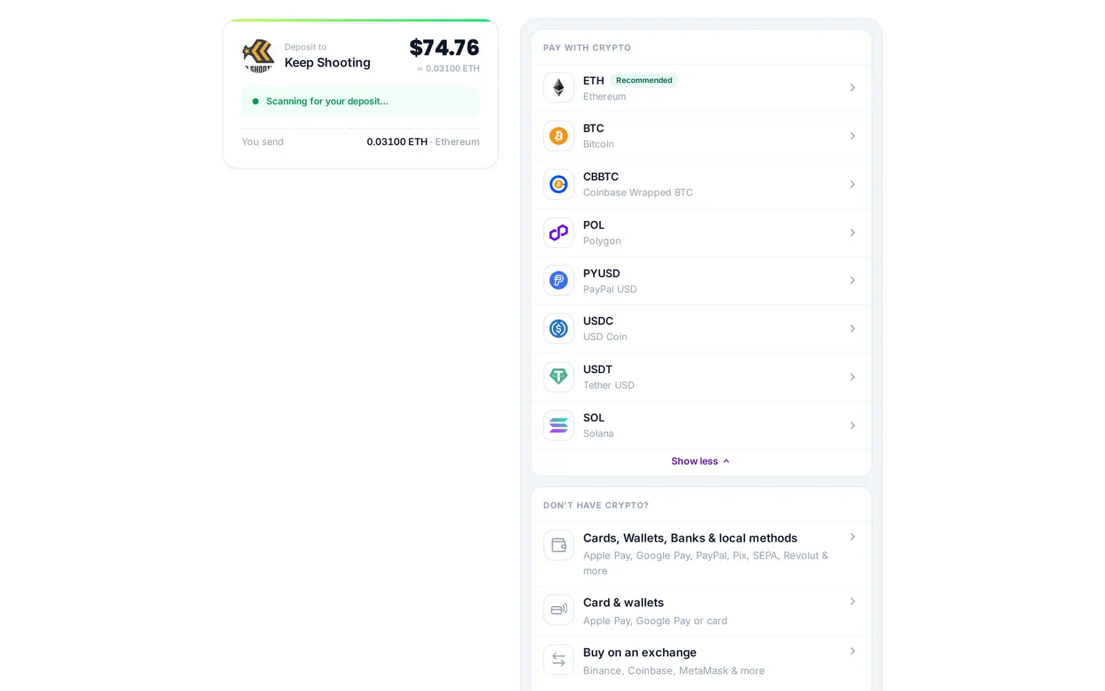 Payment page showing all accepted coins including USDC, USDT and PYUSD