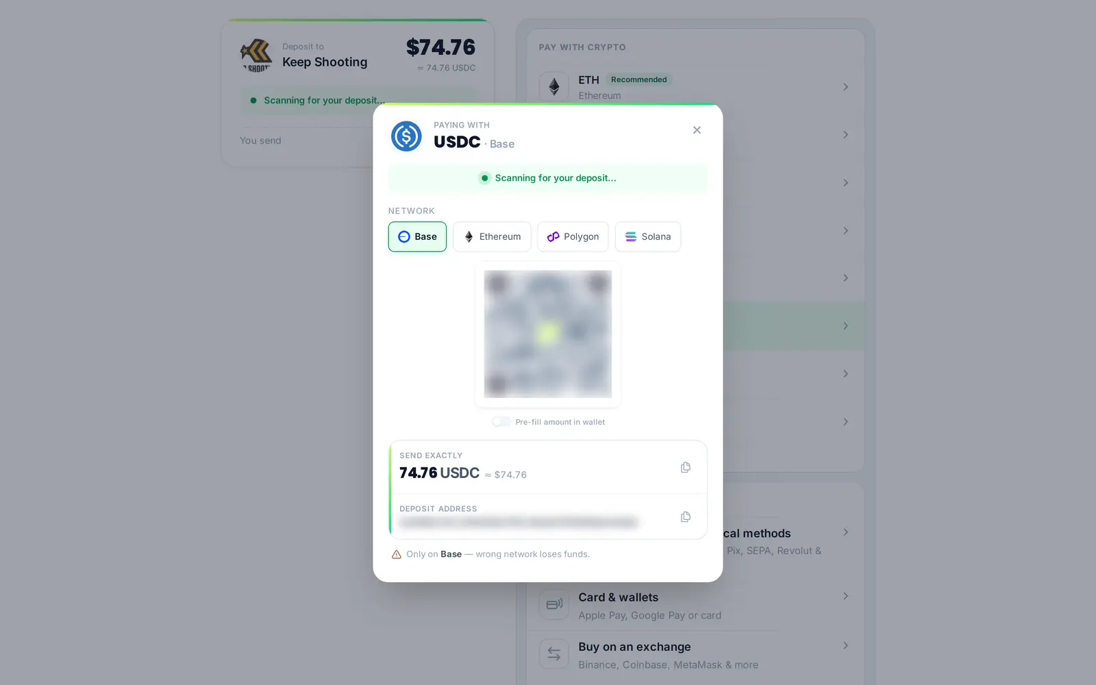 USDC payment on the Base network showing the QR code, exact amount and deposit address