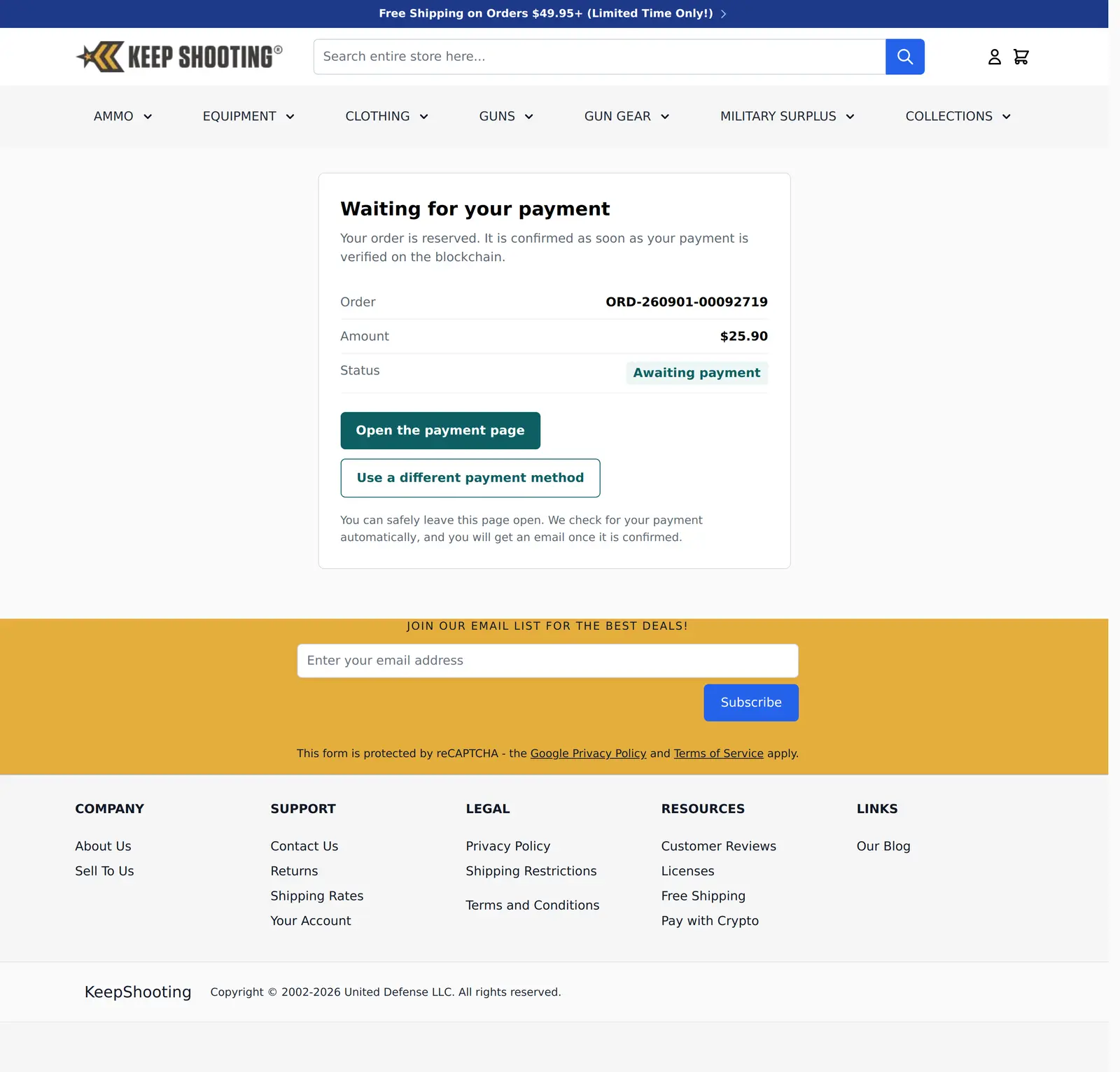 Order status page waiting for the stablecoin payment to be verified on the blockchain