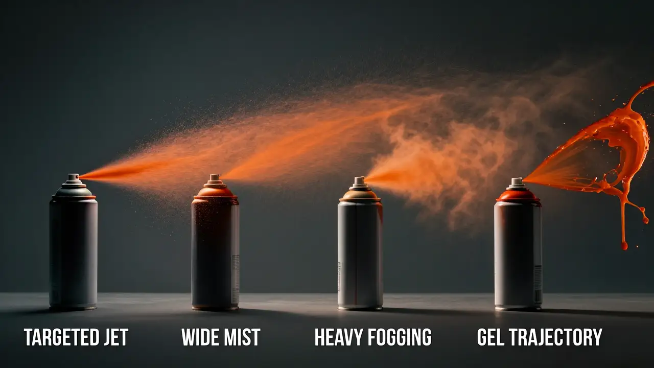 The four pepper spray pattern types compared: stream, cone, fogger, and gel deployment patterns
