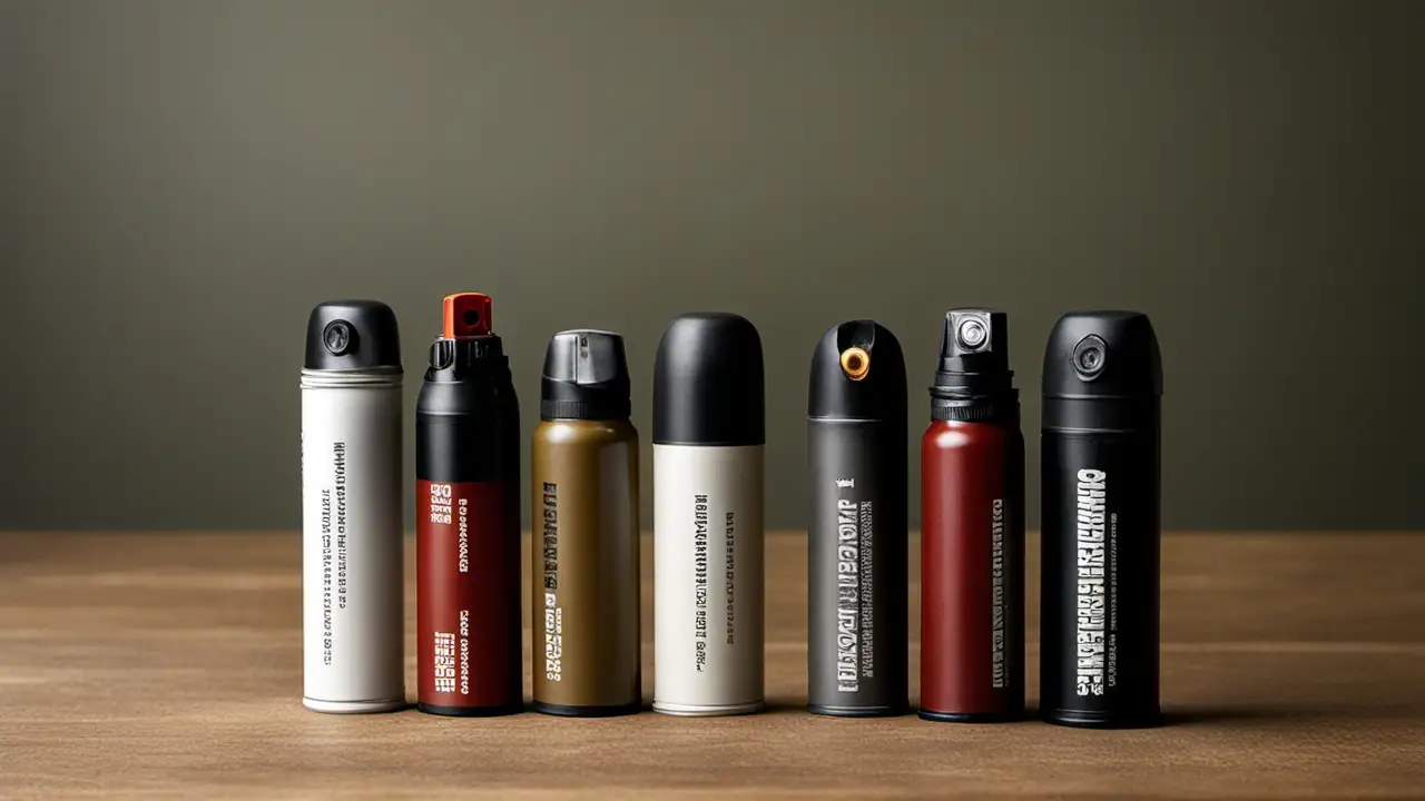 Pepper spray products on a retail shelf showing the variety of types, sizes, and brands available