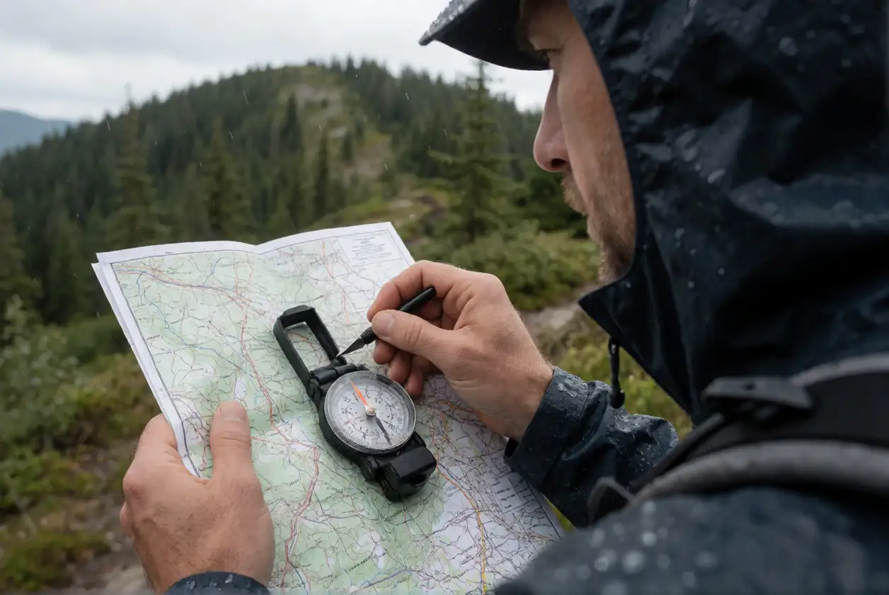 A hiker taking a bearing with a baseplate compass laid on a topographic map